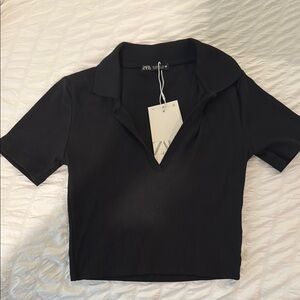NWT Zara Black Fitted Crop Polo Collared Shirt
